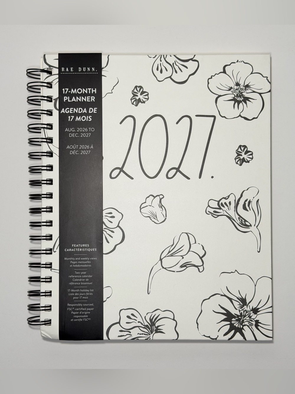 Rae Dunn Large Hard Cover Spiral 17-month Planner 2026 Flowers (Black/Ivory)